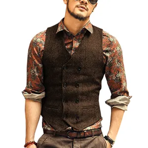 Men's casual herringbone tweed waistcoat detail view showcasing premium fabric texture.