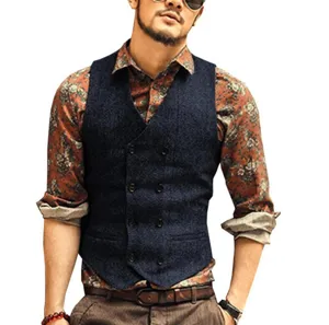 Men's stylish double-breasted tweed vest, classic vintage waistcoat for casual daily wear.