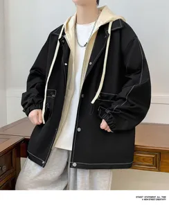 Details of mens casual contrast stitching fake two-piece hooded jacket in loose fit style.