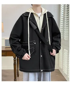 Men's casual loose fake two-piece hooded jacket showcasing stylish contrast stitching details.
