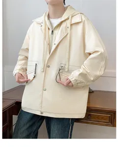 Men's casual loose hooded jacket featuring stylish fake two-piece design and pockets.