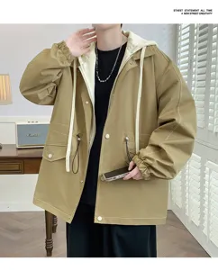Detailed view of the casual loose khaki hooded fake two-piece jacket for men, street style.
