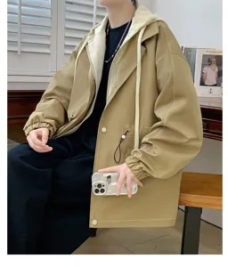 Detail view of men's casual khaki fake two-piece hooded jacket showing loose fit and drawstrings.