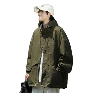 Uomo giacca antivento con cappuccio primavera impermeabile casual cargo vestiti cappotto