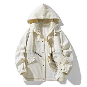 Men casual hooded jacket autumn loose solid color fake two-piece outerwear stylish