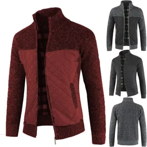 Men's Thickened Spliced Fleece Knitted Cardigan Stand Collar Winter Jacket Plus Size