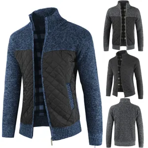 Men knitted splice fleece jacket detail, stand collar zipper cardigan, warm winter thermal coat.