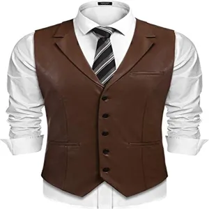 Gilet da uomo in pelle PU marrone con camicia bianca e cravatta, taglio slim casual elegante.