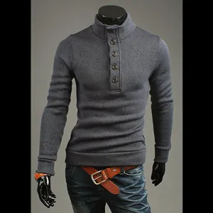 Mens mock turtleneck sweater with button placket knit slim fit casual pullover top