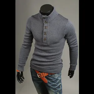 Men grey mock neck knit sweater with button placket casual long sleeve pullover top