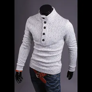 Men's high neck knitted sweater with button placket, casual grey speckled long sleeve top.