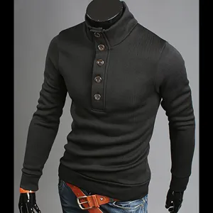 Men mock neck button sweater slim fit black long sleeve knitwear detailed front view