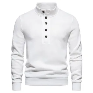 White stand collar button long sleeve sweater detail view, premium knitwear for men.