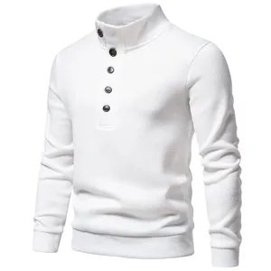 White mock neck button detail on men knit sweater close up view showing texture and buttons.