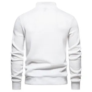 Back view detail of solid white men's high neck knitted sweater showing texture and ribbing.