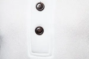 Close-up detail of white knitted men sweater showcasing button placket texture.