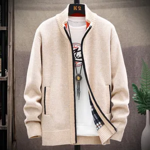Cardigan Pull en Molleton Épais pour Hommes Hiver Chaud Col Montant Fermeture Éclair Vêtement en Tricot Extérieur Décontracté Grande Taille