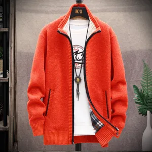 Cardigan en tricot thermique d'hiver pour hommes Orange Col montant Pull zippé