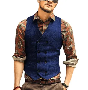 Men's casual vest fabric close-up, classic double-breasted buttons and texture detail.