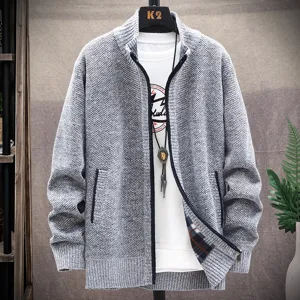 Cardigan en tricot épais en molleton pour homme hiver col montant zippé pull manteau.