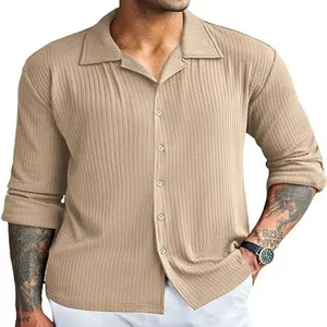 Men's casual ribbed knit long sleeve shirt with lapel collar and button-down design for daily wear.