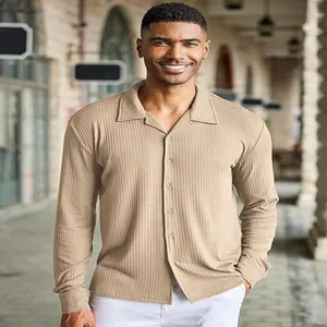 Close-up detail of the stylish ribbed long-sleeve button-down shirt for men, casual wear.