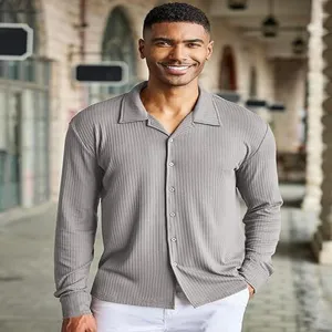 Men's casual long sleeve ribbed button down shirt lapel collar vintage stylish top