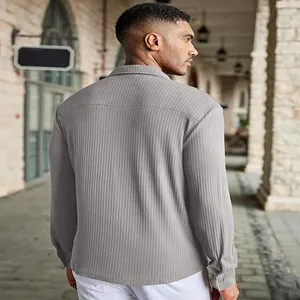 Men's casual long sleeve ribbed button-down shirt stylish outdoor daily wear top.