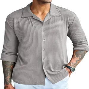 Men's gray ribbed button-up long sleeve casual lapel shirt for daily wear and fashion outfit.