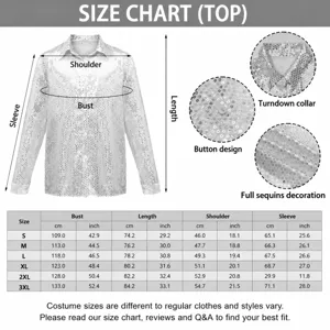 Tabella delle taglie dettagliata e guida alle misure per camicia con paillettes.