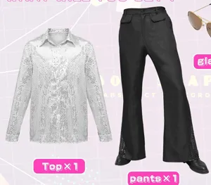 Stiloso completo da uomo anni 70 con camicia di paillettes disco e pantaloni a zampa.