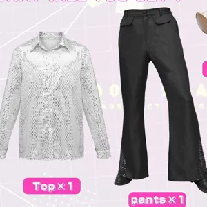 Uomini Vintage Paillettes Festa Disco Top E Fondo Camicia Manica Lunga Pantaloni a Zampa Abiti da Scena