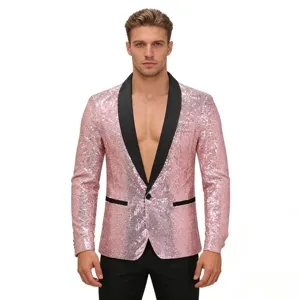 Veste de blazer à sequins roses pour hommes avec revers châle noir pour fête danse.