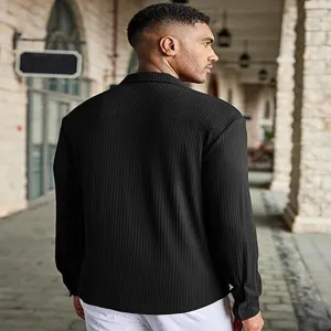 Men's black ribbed long sleeve shirt casual button down lapel top for daily wear and street style.