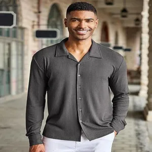 Men's casual long sleeve ribbed button down shirt with lapel collar for daily wear autumn fashion.