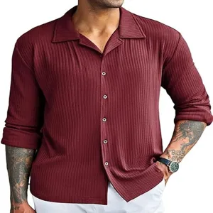Ribbed long sleeve button down shirt close-up detail showcasing texture and lapel design.