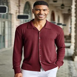 Men's burgundy ribbed long sleeve shirt, casual lapel button down top for daily wear and fashion.