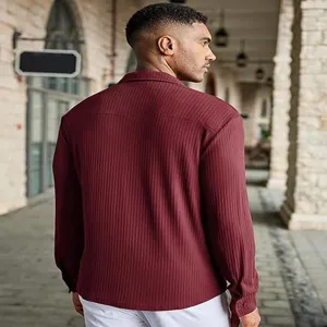 Men's casual long-sleeve ribbed shirt, solid color vintage style top for men daily.