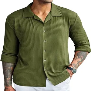 Close-up detail of the men's green ribbed long sleeve button-down shirt showing collar and texture.