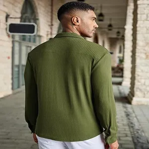 Men's retro ribbed long sleeve shirt, casual outdoor style green top for daily wear.