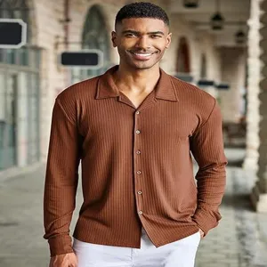 Men's retro ribbed long sleeve shirt casual vintage button down top for daily fashion wear