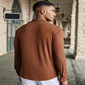 Men's brown textured long sleeve shirt casual button down top for daily wear and street style fashion