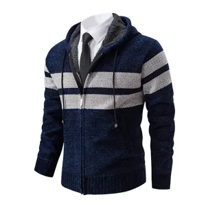 Cardigan in Maglia con Cappuccio e Zip Uomo Autunno Maglione Rigato Cappotto Casual New