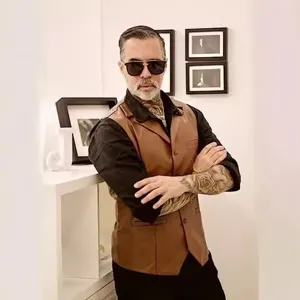 Gilet in pelle PU marrone da uomo slim fit petto singolo autunno inverno moda capospalla