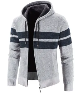 Graue gefütterte Strickjacke mit Kapuze Detail, Herren Winter thermischer Pullover.