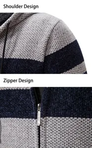 Vista dettagliata di un cardigan con cappuccio a righe da uomo con trama e zip di qualità.