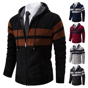 Cardigan in Maglia Casual da Uomo Giacca Maglione Full Zip con Cappuccio Manica Lunga Righe a Contrasto Taglie Forti