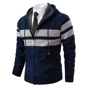 Cardigan Maglia con Cappuccio Uomo Autunno A Righe Pile Foderato Caldo Maglione Cappotto