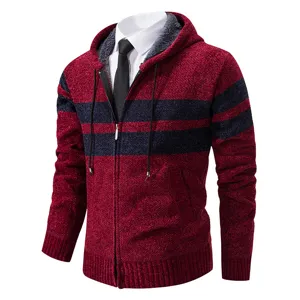 Cardigan in maglia da uomo con cappuccio e zip, felpa a righe casual invernale.