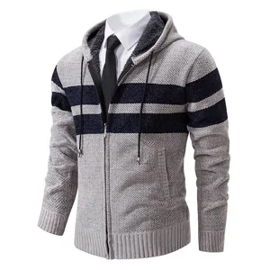Cardigan Maglione Lavorato a Maglia con Cappuccio Uomo Casual Strisce Autunno Giacca